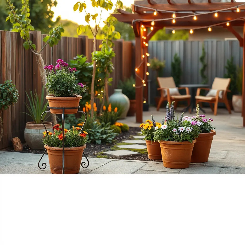 Patio garden with terracotta planters, warm string lights, and stone pathway accents