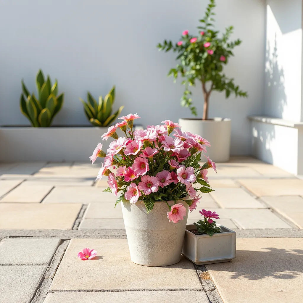 Sunlit UV resistant faux flower arrangement in a planter with vibrant petals and realistic green leaves