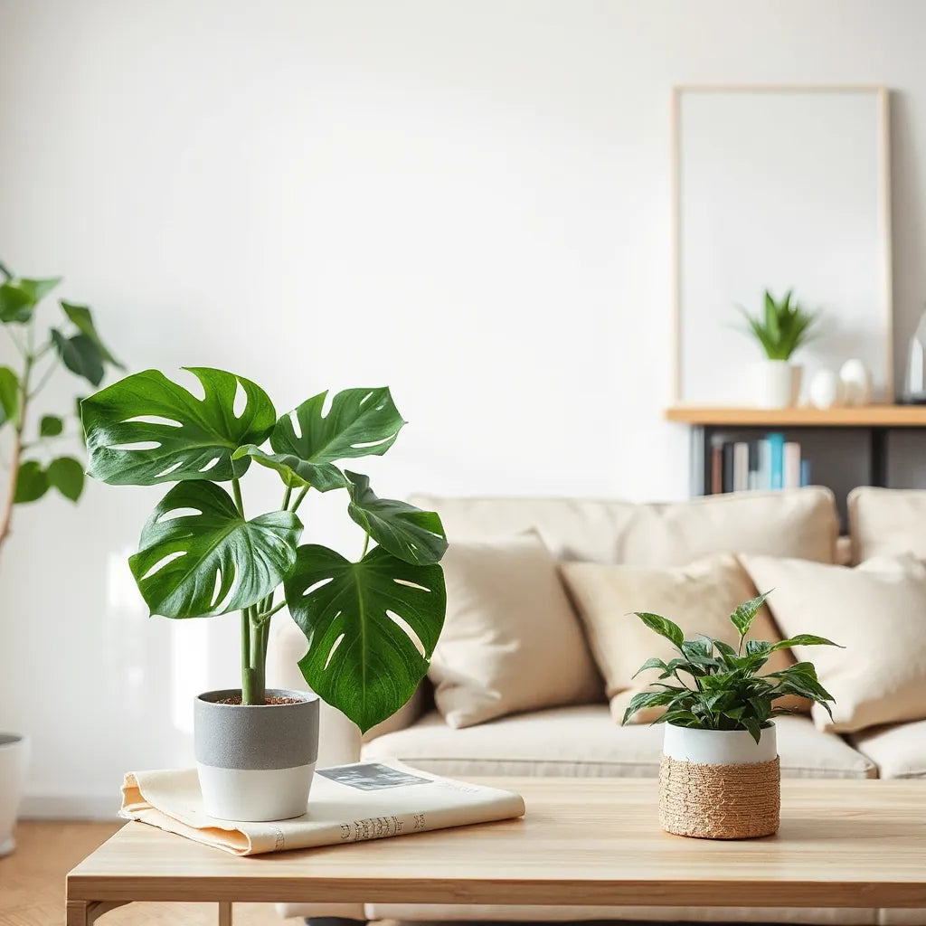 Lifelike faux monstera and small potted artificial plants in a bright modern living room