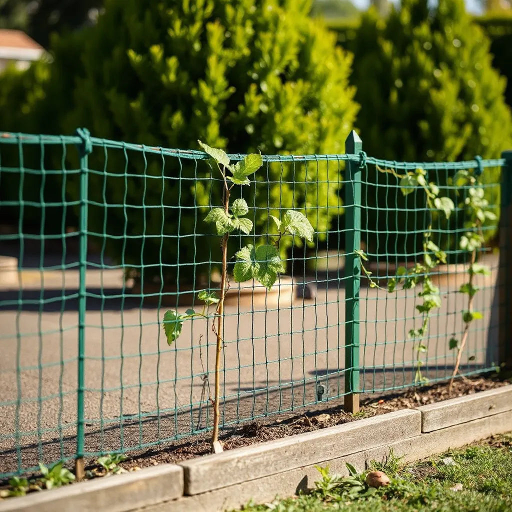 Green trellis netting along a garden fence with climbing vines trained through the mesh
