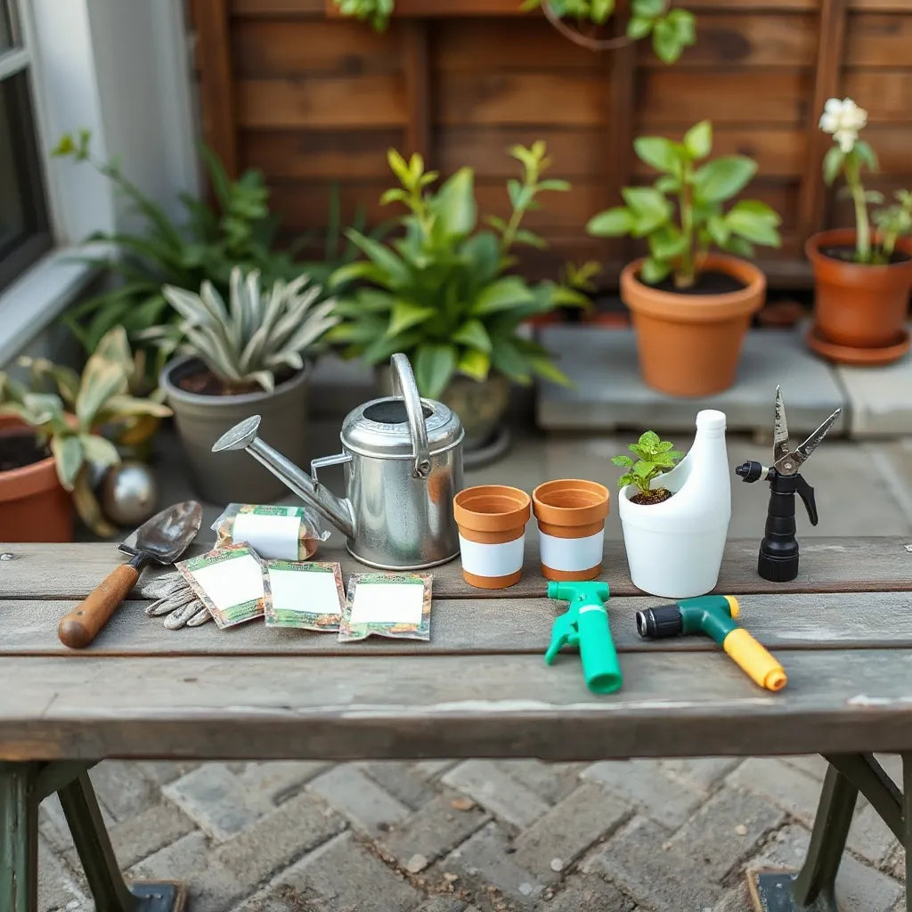 Beginner garden tools and planters arranged on a bench with watering supplies nearby