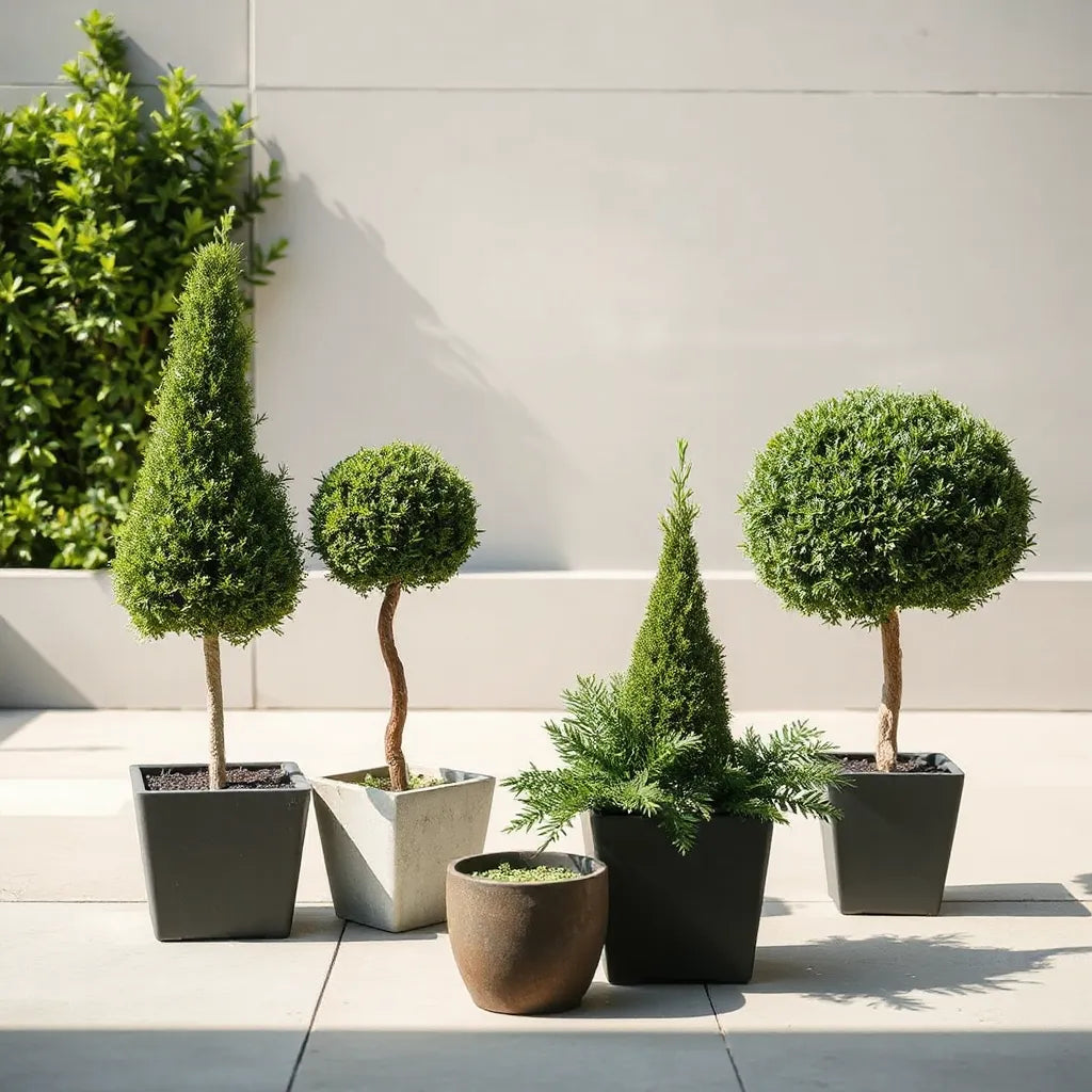 Neatly shaped artificial topiary trees in modern planters on a patio in soft daylight