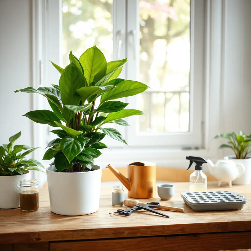 Healthy potted houseplant with watering and plant care tools arranged on a wooden table indoors