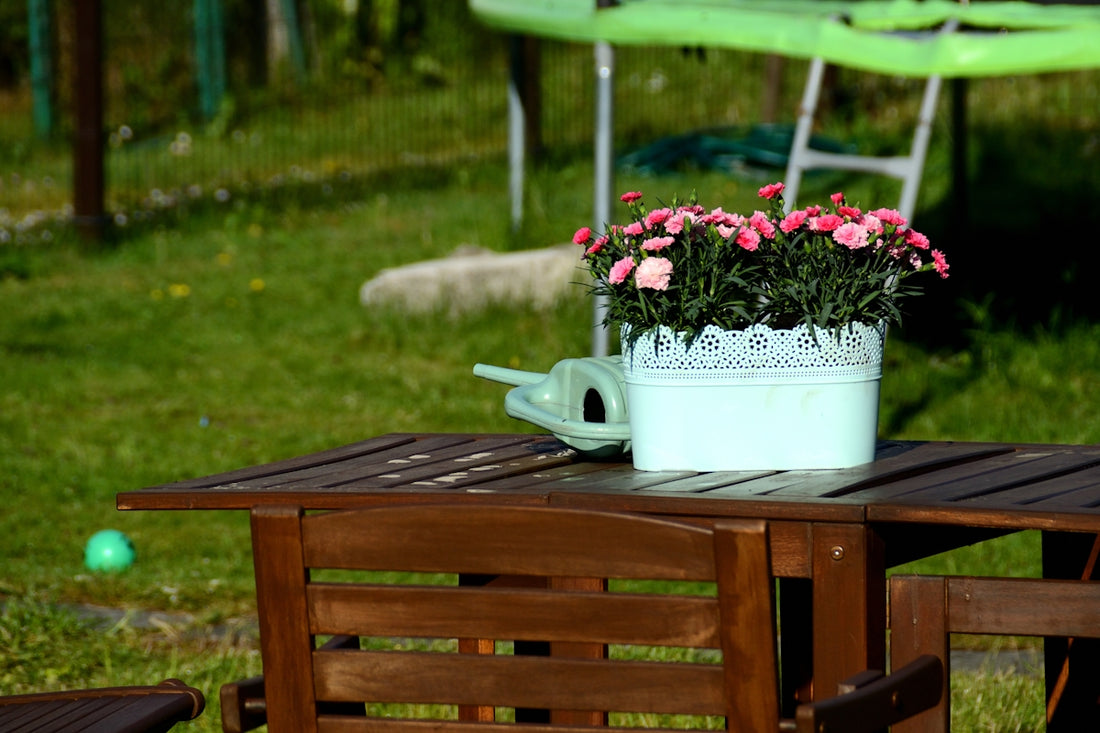 Pink flowers, watering can on wooden outdoor table.