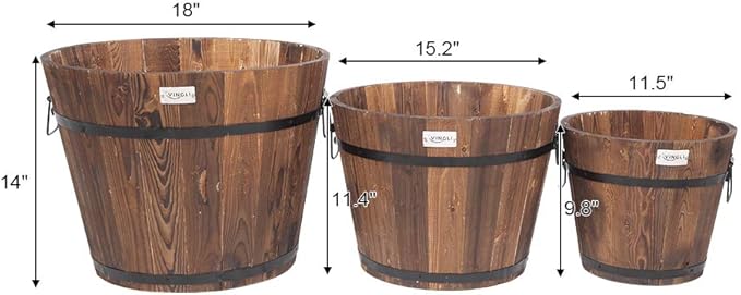 VINGLI 3 PCS Large Wooden Planter Barrel Set, 11.5"- 18" Real Wood - Image 2