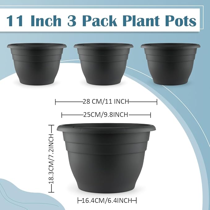 3 Pack 11 Inch Plant Pots with Drainage Hole and Plug, Durable Plastic Flower - Image 5