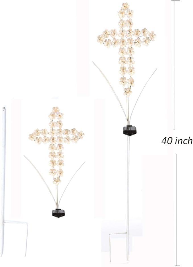 White Cross Garden Stake Solar Lights Metal Hydrangea Cross Stake Memorial Gift - Image 5