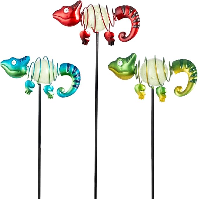 3 Pack Garden Stakes Decorative, Cute Chameleons Glow in The Dark Metal Garden by SATHGA