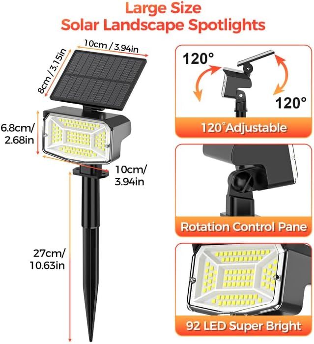Solar Spot Lights Outdoor, 92 LEDs Landscape Lighting - Image 6