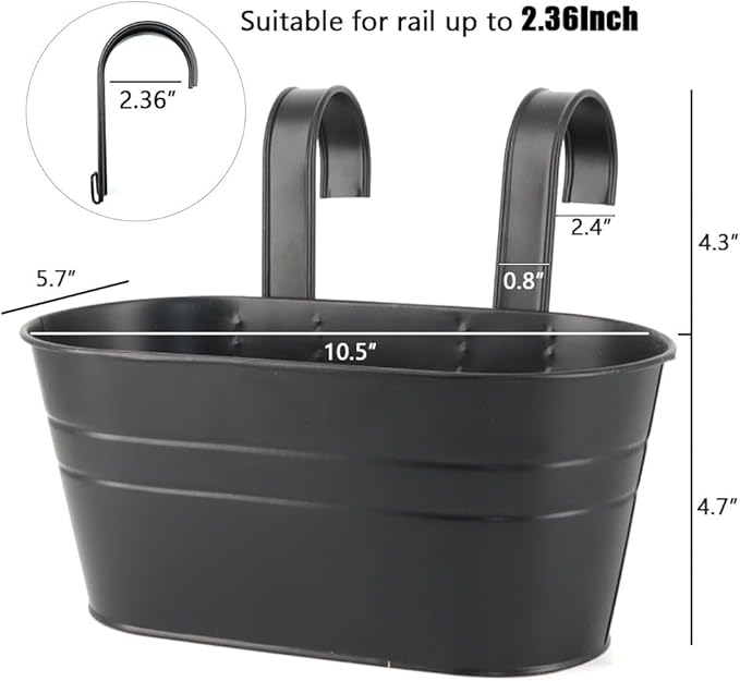 3 Pack Metal Railing Planters, 10.5" Oval Hanging Flower Pots - Image 3