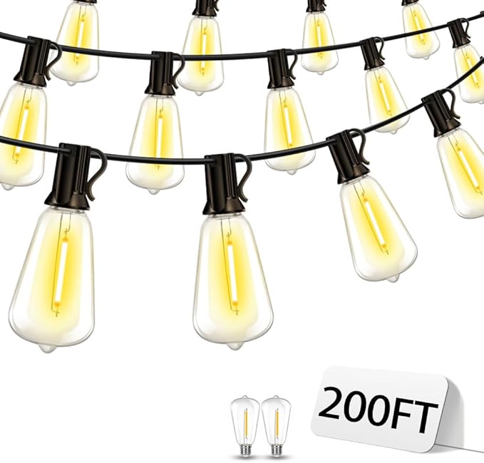 Outdoor Patio String Lights 200ft: ST38 LED Shatterproof Bulbs 3 Modes Button by Vozuji