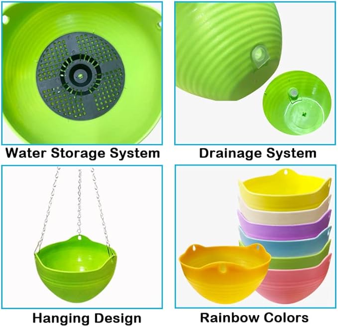 7 Pack 8 Inch Plastic Self-Watering Hanging Planters, Colorful Garden Flower - Image 3