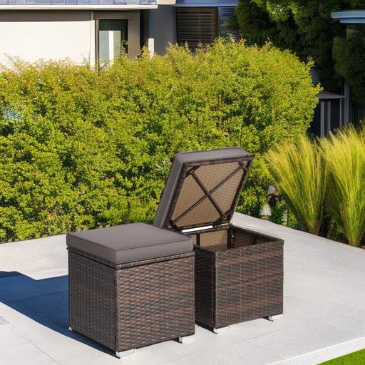 RELAX4LIFE Wicker Outdoor Storage Ottoman, 2-Piece Rattan Footstool w/Removable - Image 5