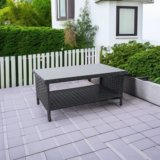 Outdoor Wicker Coffee Table Patio Furniture Garden Rattan 2-Layer Glass Table - Image 5