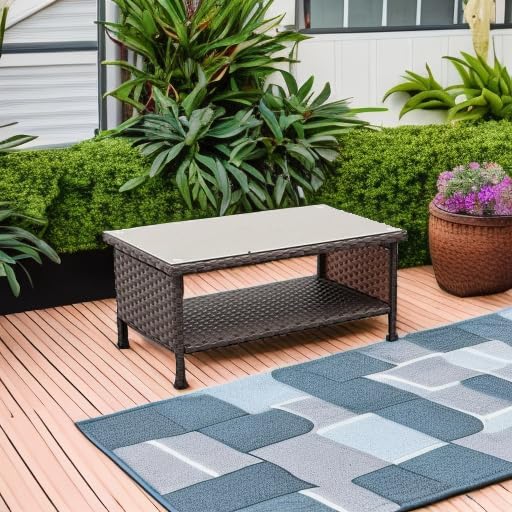 Outdoor Wicker Coffee Table Patio Furniture Garden Rattan 2-Layer Glass Table - Image 5