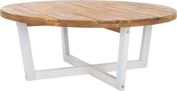 SAFAVIEH Outdoor Collection Leo Natural/White Solid Wood Round Coffee Table - Image 4