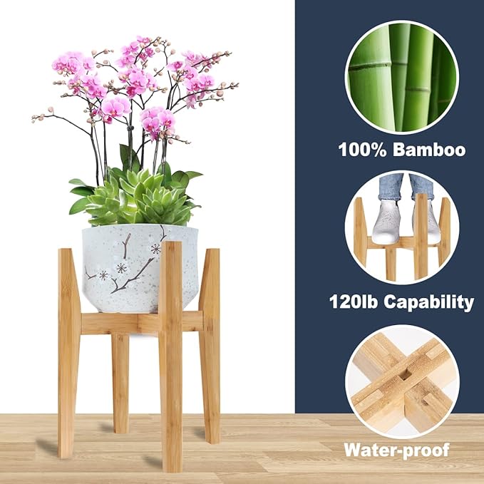 OERGKE 2 PACK Adjustable Plant Stand Indoor, Bamboo Mid Century Modern Plants - Image 2