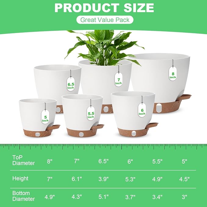 Self Watering Planter with Visual Water Level, Modern 8+7+6.5+6+5.5+5 Inch - Image 2