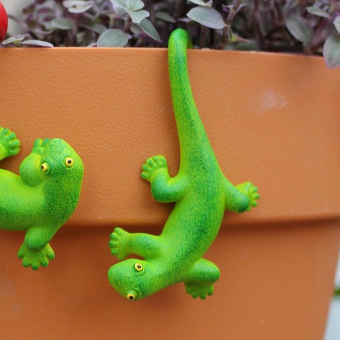 Set of 2 Funny Bird Catching Gecko Figurines Flower Pot and Vase Hugger - Image 7