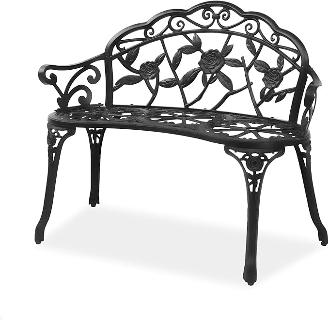 VINGLI 38.5" Patio Park Garden Outdoor Metal Rose Bench, 2-Person Cast Iron by VINGLI