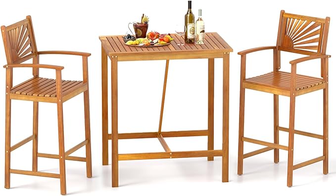 Tangkula 3 Piece Patio Bar Table & Chairs, Outdoor Acacia Wood Bar Set by TANGKULA