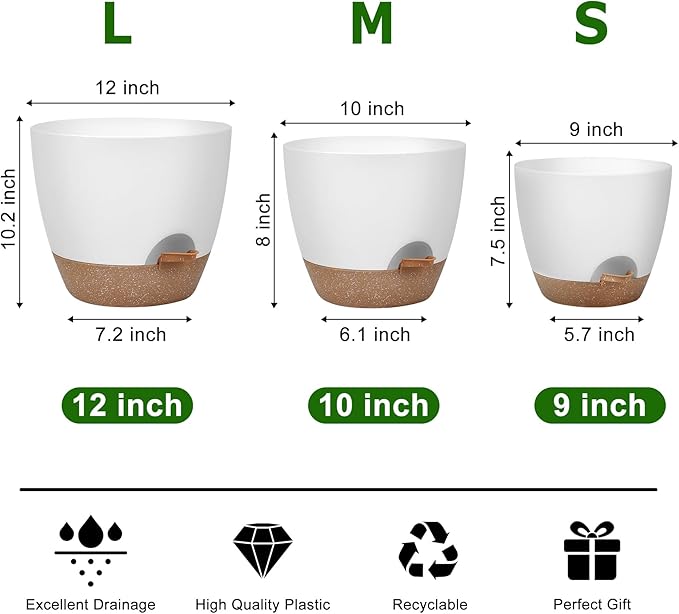Plant Pots 12/10/9 Inch Self Watering Pots, Plastic Flower Pots, Nursery - Image 3