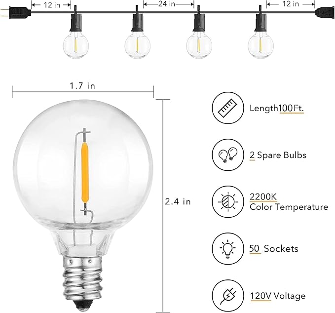 Brightown Outdoor String Lights, 100FT 50+2 G40 Bulbs Shatterproof Patio Lights - Image 2
