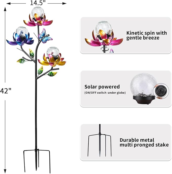 Solar Lights Outdoor Decorative Lotus Flowers Wind Spinner Garden Stake - Image 2