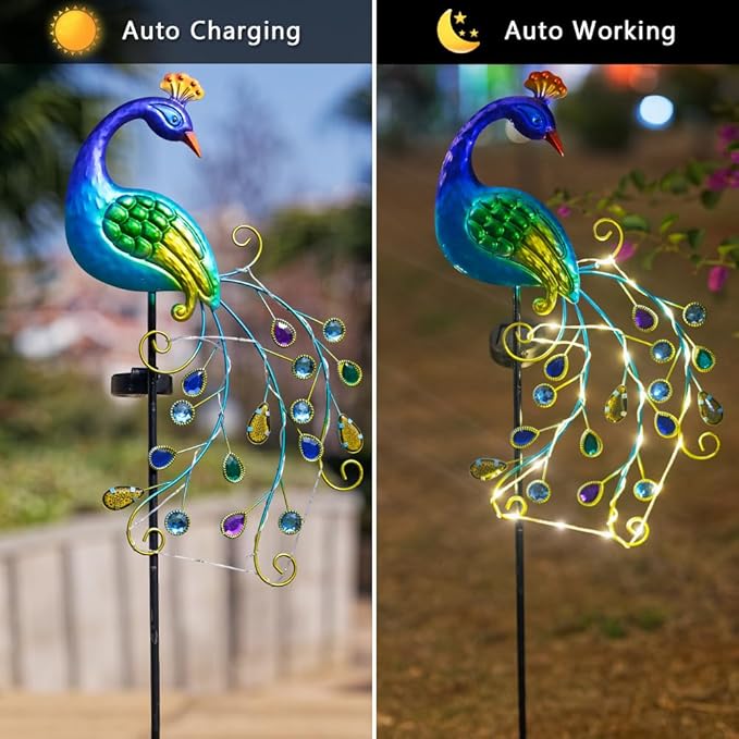DREAMSOUL 2 Pack Peacock Solar Lights Outdoor, Waterproof Metal Peacock Outdoor - Image 3