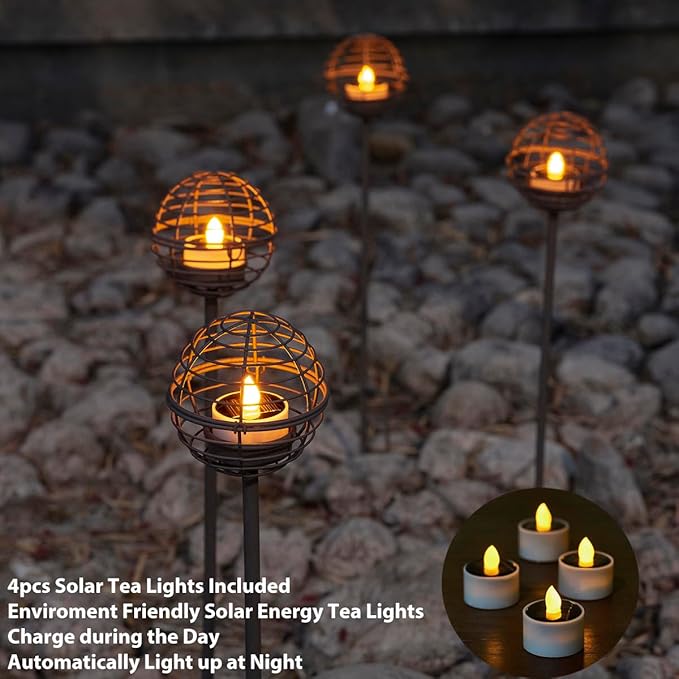 Solar Pathway Lights Outdoor, Rust Iron Ball Candle Holder Stake - Image 4