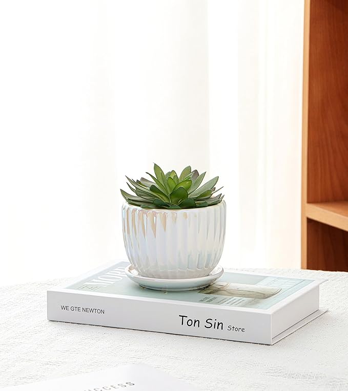 Ton Sin White Plant Pots, Pearl Gold Ceramic Flower Pots 4"+5"+6" Inch Indoor - Image 6