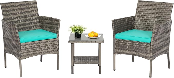 FDW | 3-Piece Patio Furniture Set | Gray & Blue | Outdoor Wicker Furniture by FDW
