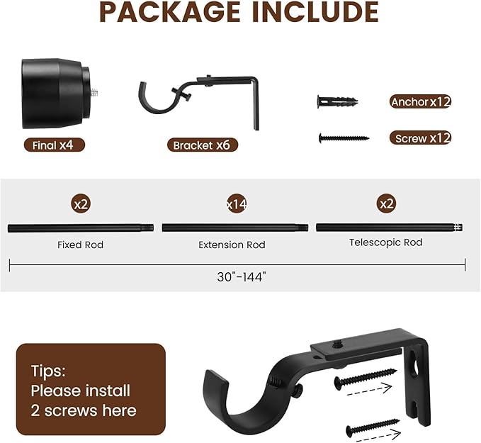 Matte Black Curtain Rod Itself is 30-144 inch 2 Pack, Fit 30 to 142, 66 to 120 - Image 2