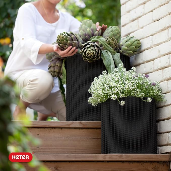 Keter Cylinder Set of 3 Rattan Resin Planter - Image 6