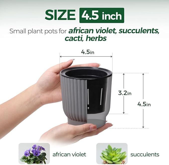 T4U 4.5 Inch Plant Pots Self Watering, 6 Pack African Violet Pots, Small Plant - Image 2