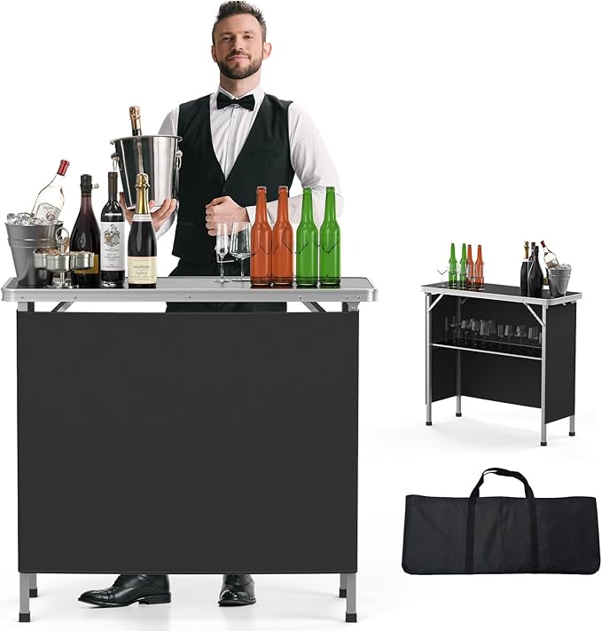VINGLI Portable Bar Table, 2-Tier Shelves, Mobile Bar Table by VINGLI