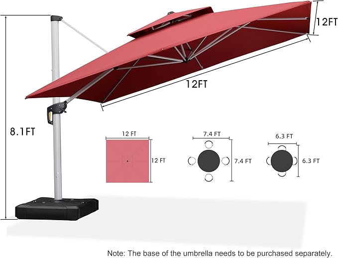 PURPLE LEAF Patio Umbrella 12 Feet Double Top Deluxe Square Offset Hanging - Image 8