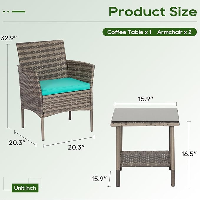 FDW | 3-Piece Patio Furniture Set | Gray & Blue | Outdoor Wicker Furniture - Image 8