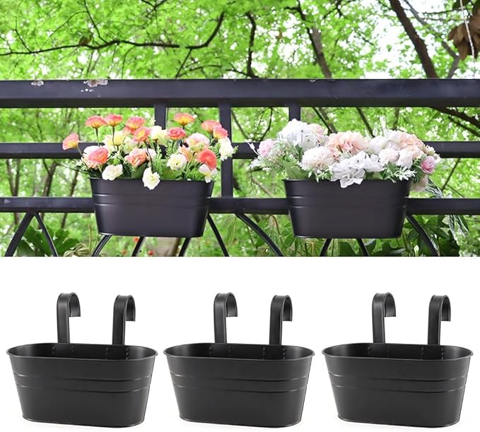 3 Pack Metal Railing Planters, 10.5" Oval Hanging Flower Pots by MeltsetM