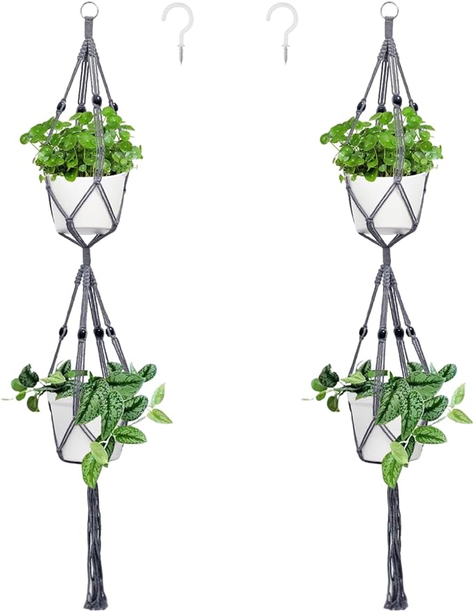 Belit 2 Pack Double Macrame Plant Hangers 2 Tier Hanging Planter Basket by Belit