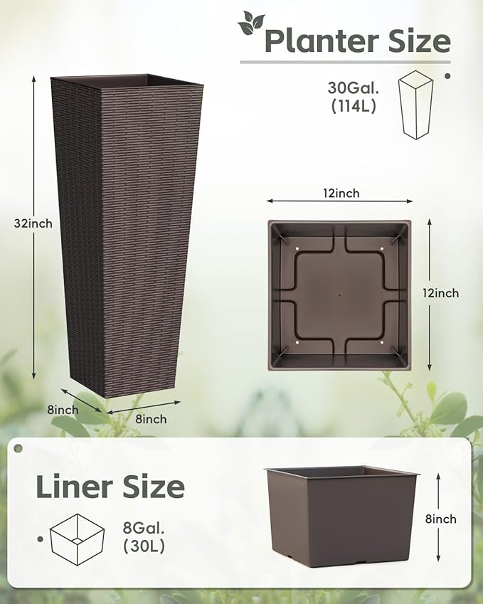 Greesum 32 Inch Tall Plastic Planters, Detachable Inner Pot & Drainage Holes - Image 7