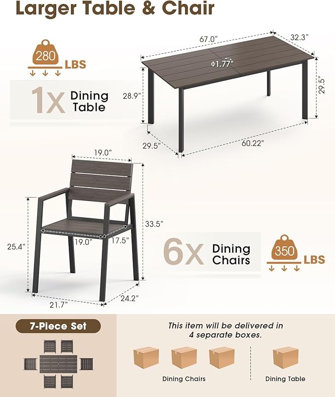 Outdoor Dining Set for 6, Aluminum Patio HDPS Outdooor Table and Chairs Set - Image 6
