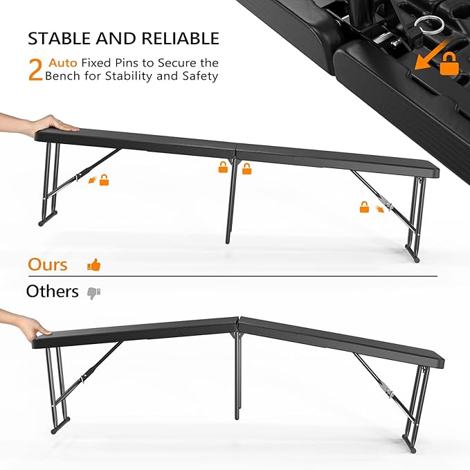 VINGLI 6 feet Plastic Folding Bench, Portable in/Outdoor Picnic Party Camping - Image 7