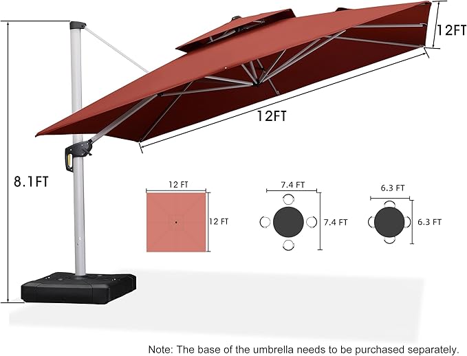 PURPLE LEAF 12 Feet Double Top Deluxe Square Patio Umbrella Offset Hanging - Image 8