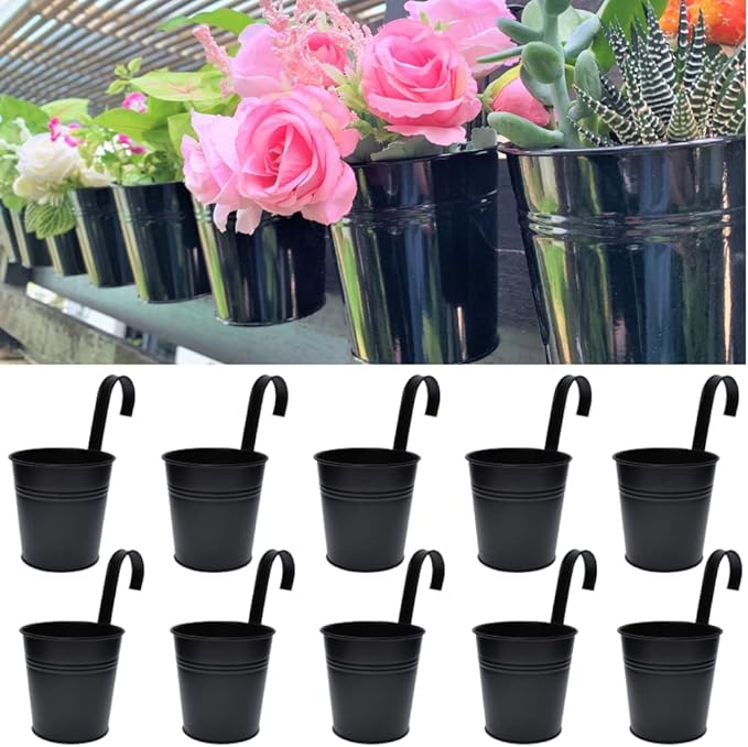 LaLaGreen Railing Planter 10 Pack, 6 Inch Hanging Flower Pot Black, Outdoor by L%C3%A1L%C3%A1Green