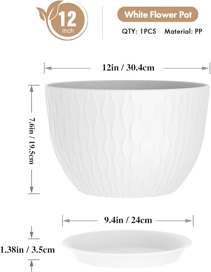 12 Inch Large Plant Pots for Indoor or Outdoor Plants, Wide Water Ripples - Image 2