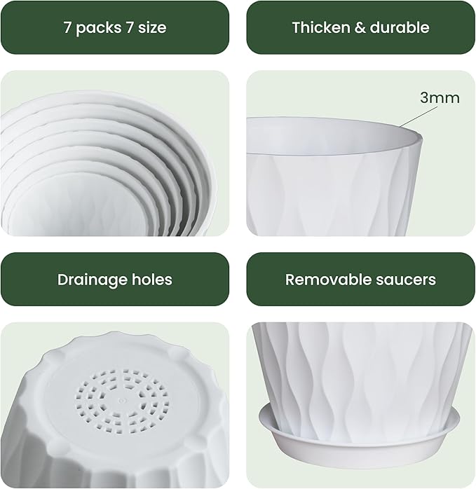 Flower Pots, 7/6.5/6/5.5/5/4.5/4 inch Plastic Plant Pots, 7 Pack Planter - Image 4