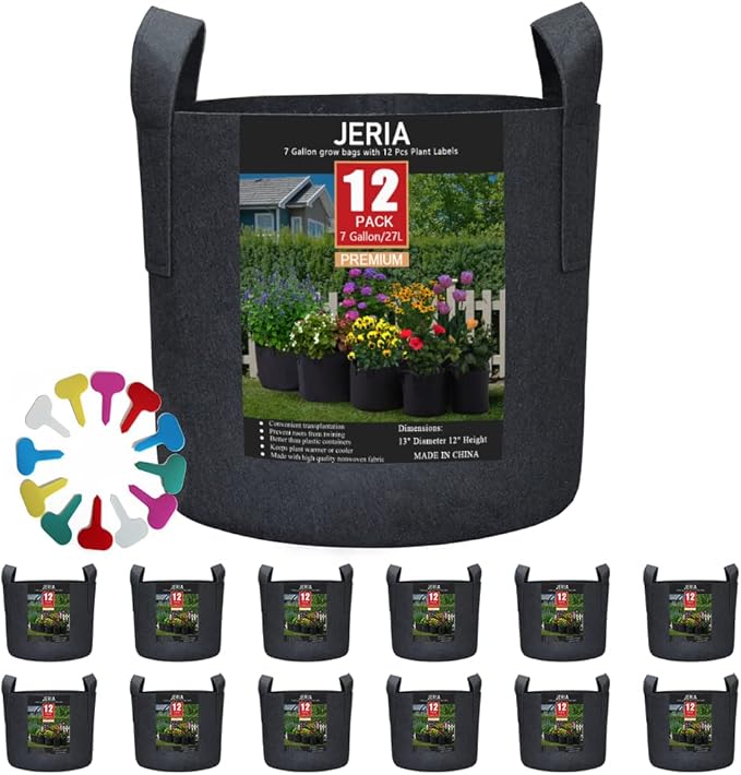 JERIA 12-Pack 7 Gallon Grow Bags, 300G Thickened Nonwoven Garden Pots, Heavy by JERIA