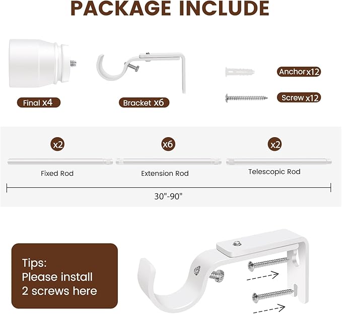 1” Diameter Curtain Rods Itself is 30 to 90 inch 2 Pack Fit 30-84 inch Window - Image 3