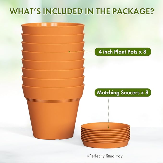 4 Inch Plastic Plant Pots with Drainage Holes and Trays – 8 Pack Small Nursery - Image 5